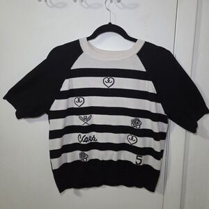 Toobic Paris Striped Knit Sweater Black White Short Sleeve Nautical Anchor